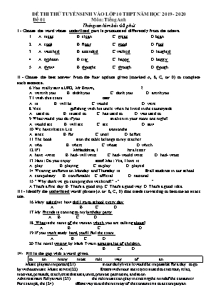 Bộ đề thi thử tuyển sinh Lớp 10 THPT môn Tiếng Anh - Mã đề 01 - Năm học 2019-2020 - Đậu Thị Thanh Hoa (Có đáp án)